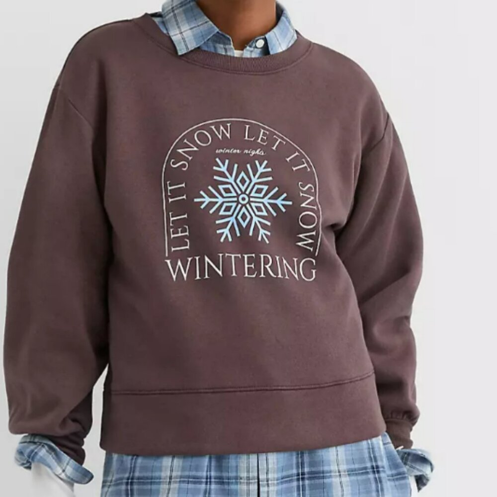 Let It Snow Terry Puff Sleeve Cropped Sweatshirt Brown - Medium NWOT